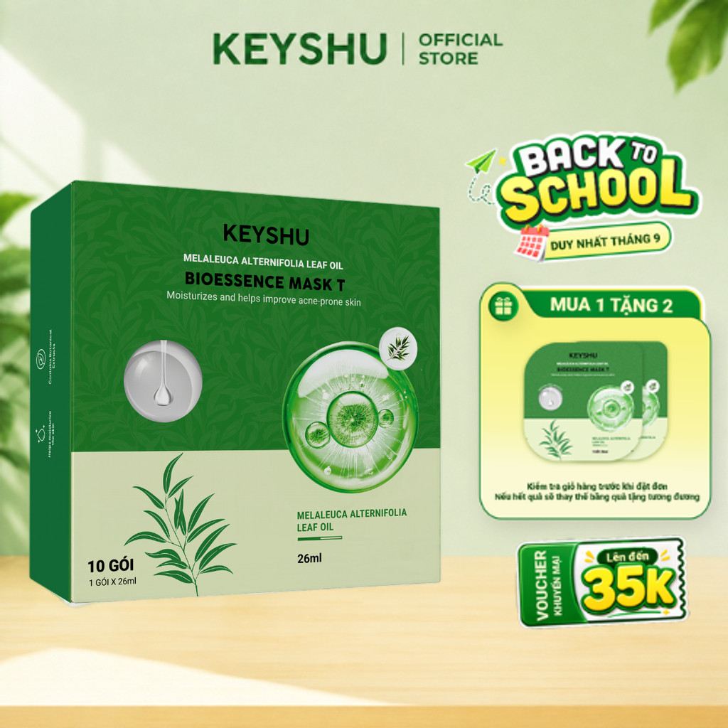 Hộp 10 Miếng Mặt Nạ Tràm Trà Phôi Mới KEYSHU Hỗ Trợ Giảm Mụn, Kiểm Soát Dầu, Làm Dịu Da 26ml x 10 Miếng