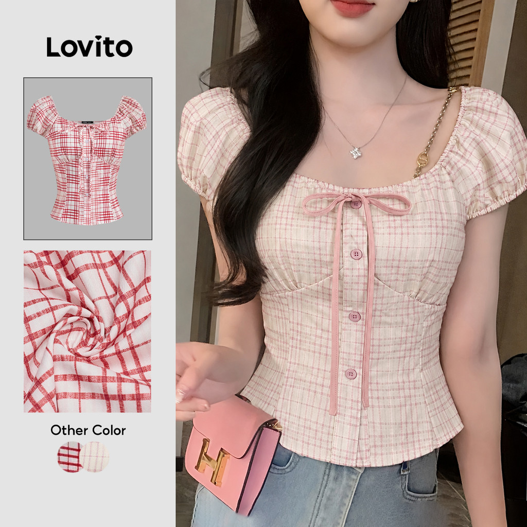 Lovito Áo Sơ Mi Hồng Kẻ Caro Thắt Nơ Kiểu Dáng Phong cách thường ngày Thích Hợp Cho Mùa Xuân/hè Dành Cho Nữ L136AD105