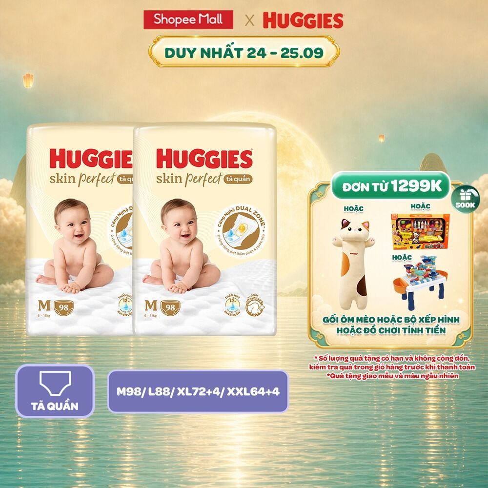 Combo 2 gói Tã/Bỉm quần Huggies Skin Perfect Mega cỡ M/L/XL/XXL với 2 vùng thấm giảm kích ứng da