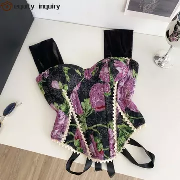 equity inquiry YÊU THÍCH YÊU THÍCH Áo hai dây nữ, Áo hai dây xương cá không tay ôm vừa vặn, Áo Crop Top in hoa có dây buộc phía sau Trang phục dự tiệc