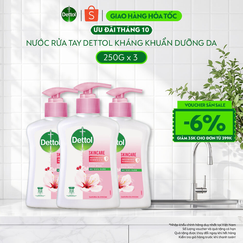 Combo 3 nước rửa tay Dettol kháng khuẩn dưỡng da, hương hoa anh đào - Chai 250g