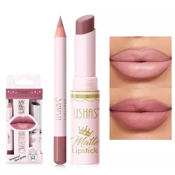 Bộ Combo Son Môi Và Son Môi Chống Thấm Nước 2 Trong 1 USHAS - Bút Son Môi Mờ Lâu Dài Với Bộ Son Lót Môi Bộ Dụng Cụ Trang Điểm (S9, Gói 1)