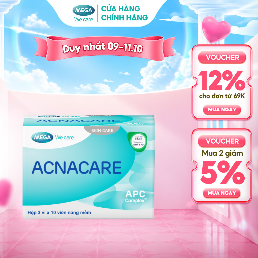 TPBVSK Viên uống giảm mụn, giảm nhờn - Kẽm, Crôm, D.Salina, Vitamin C, Vitamin E - ACNACARE Mega We Care (30 viên)