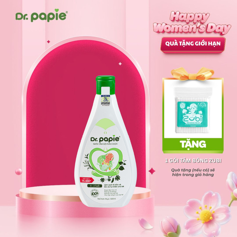 [500ml] Nước Tắm Gội 2 IN 1 Thảo Dược Shan Tuyết Làm Mát Da Giảm Mẩn Đỏ Dr.Papie dành cho bé sơ sinh