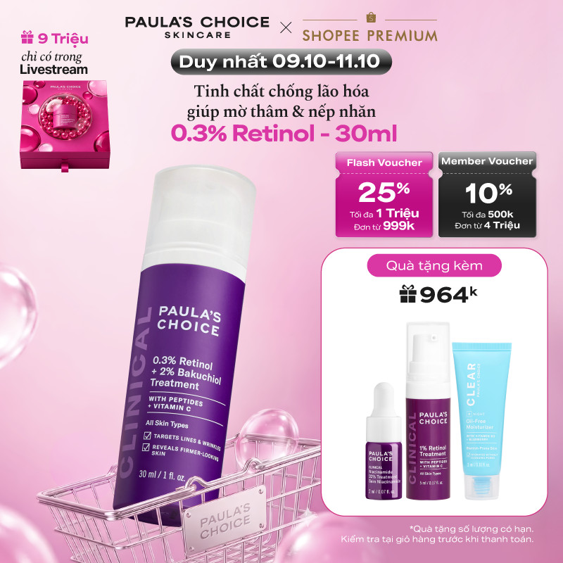 Tinh chất chống lão hóa làm mờ thâm nám và nếp nhăn Paula's Choice Clinical 0.3% Retinol + 2% Bakuchiol 30ml - 8015
