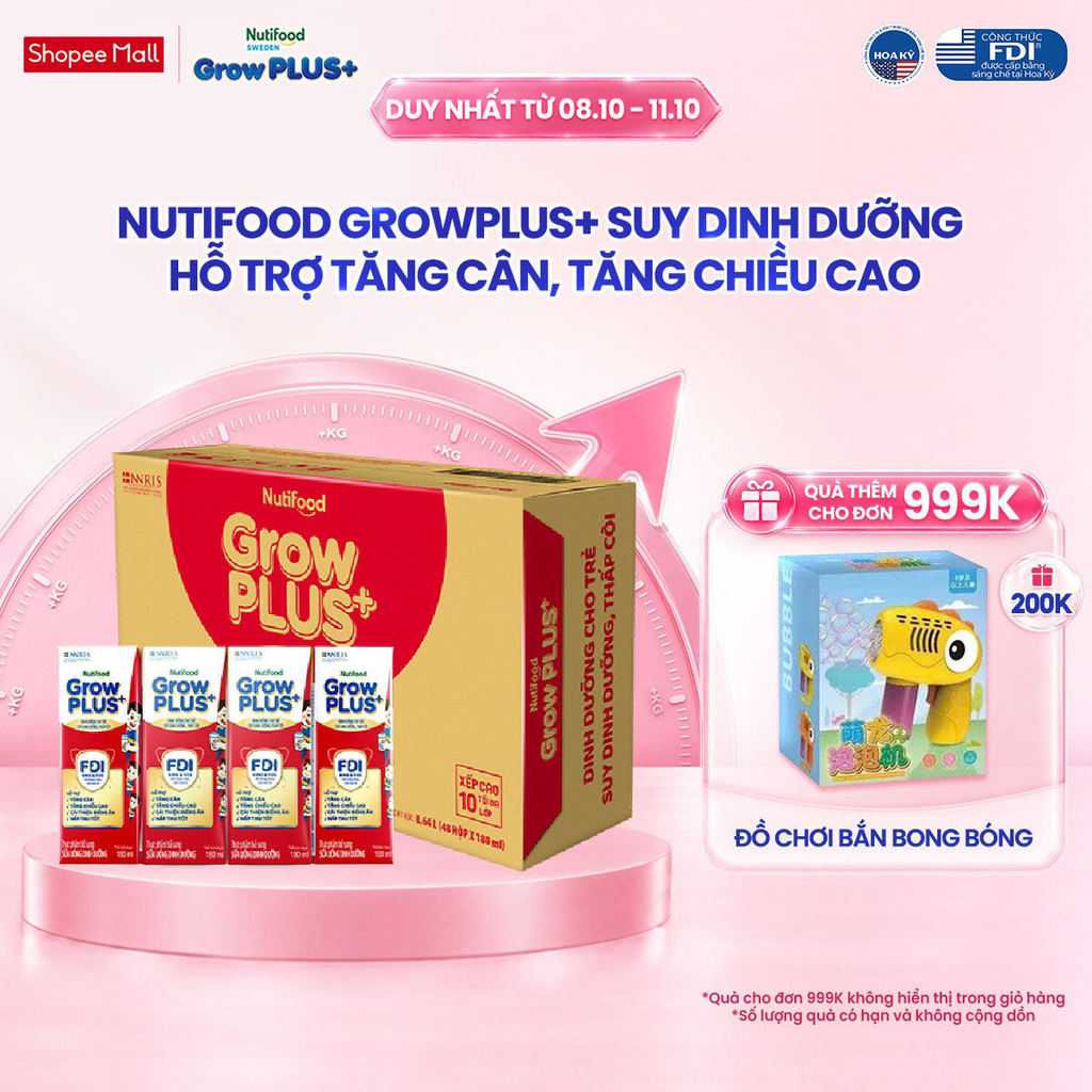 Thùng SBPS Nutifood GrowPLUS+ Đỏ (Suy Dinh Dưỡng) - Tăng Cân, Tăng Chiều Cao (48 Hộp x 180ml) (Bao bì tùy lô hàng)