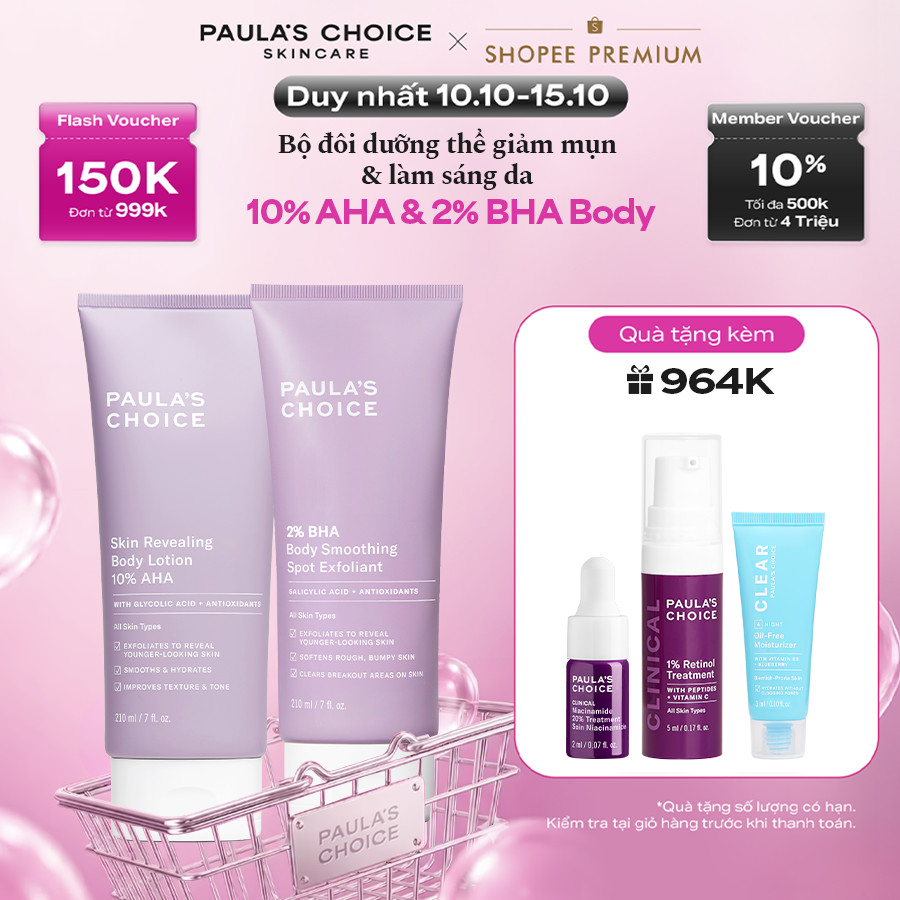 Bộ đôi kem dưỡng thể 10% AHA làm sáng da,mờ thâm+ 2% BHA giảm viêm lỗ chân lông và mụn cơ thể Paula's Choice