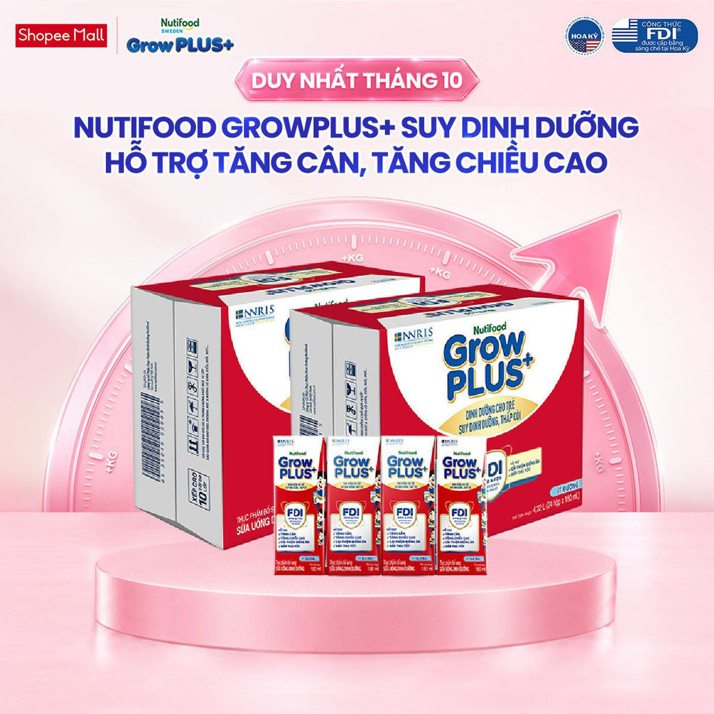 Thùng SBPS Nutifood GrowPLUS+ ít đường Suy Dinh Dưỡng - Tăng Cân, Tăng Chiều Cao (48 Hộp x 180ml) (Bao bì tùy lô hàng)