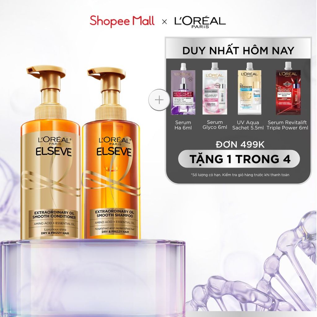 Bộ gội xả dưỡng tóc suôn mượt cao cấp L'Oreal Paris Extraordinary Oil Smooth 440ml x2