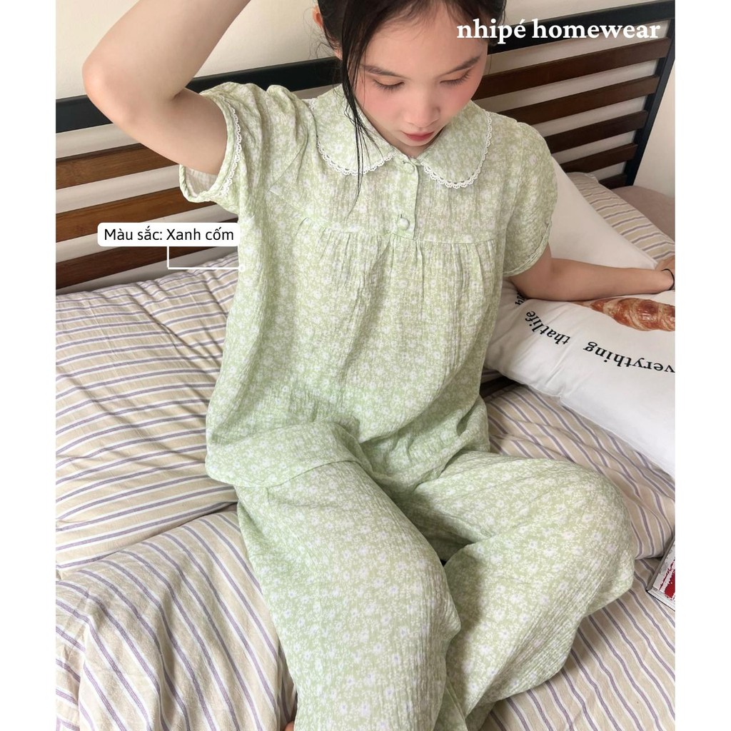Set cổ sen tay ngắn quần dài nhipé homewear nữ mặc nhà họa tiết hoa dễ thương chât liệu xô muslin cao cấp mềm mịn mát