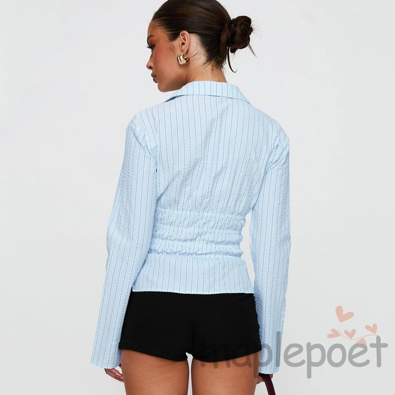 MAPLEPOET-Áo sơ mi nữ dài tay hở cổ sọc co giãn