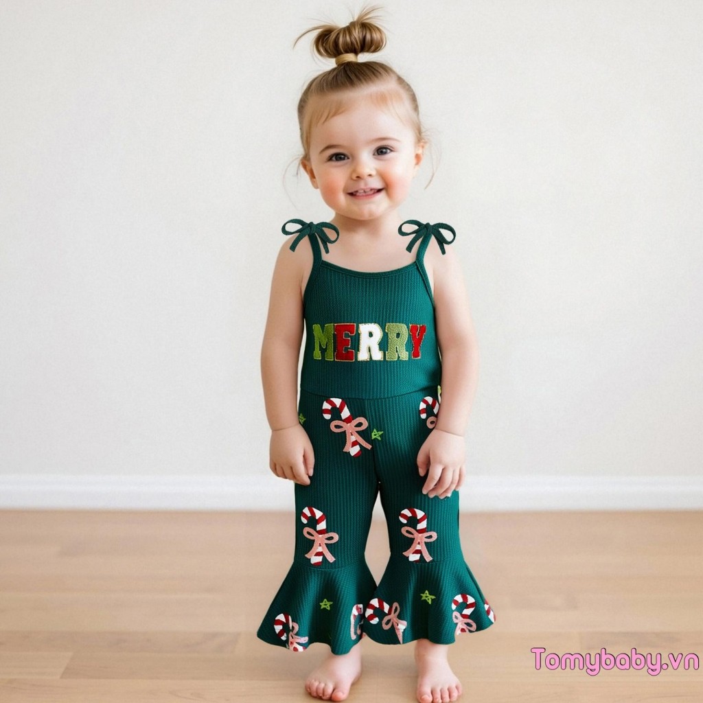 Bộ áo liền quần Giáng sinh cho bé gái Dây buộc không tay Dây đeo Candy Cane In áo liền quần