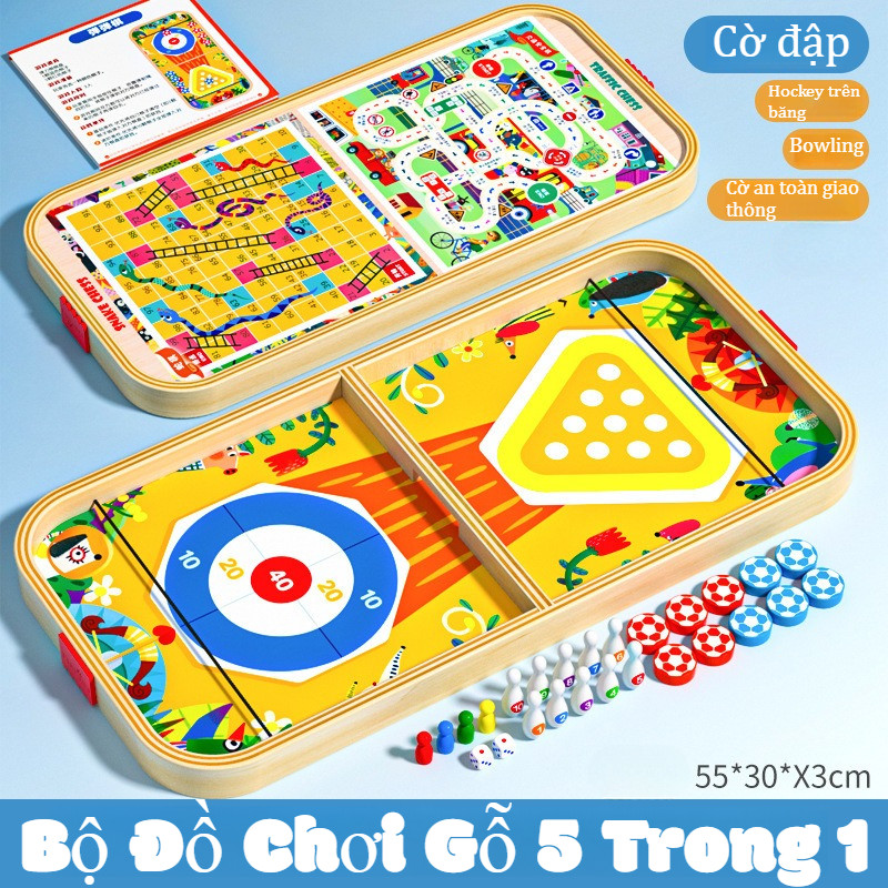 Bộ Đồ Chơi Gỗ 5 Trong 1,bowling, Rải Xúc Xắc đồ Chơi Giáo Dục, Tương Tác Gia đình,Đồ Chơi Giáo Dục Cho Trẻ Em