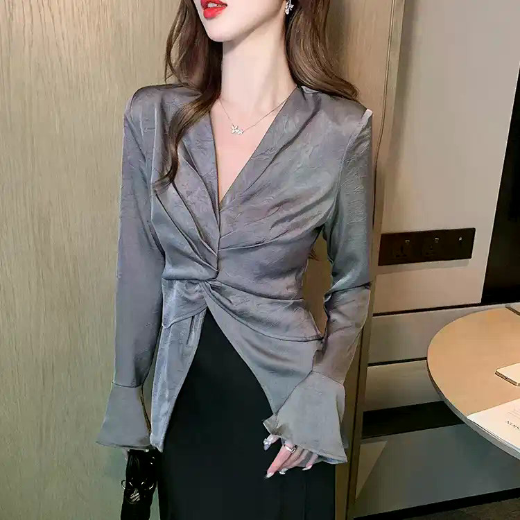 Áo Sơ Mi Acetate Satin Cho Nữ Mùa Thu Hàn Quốc Xoắn Xếp Ly Cổ Chữ V