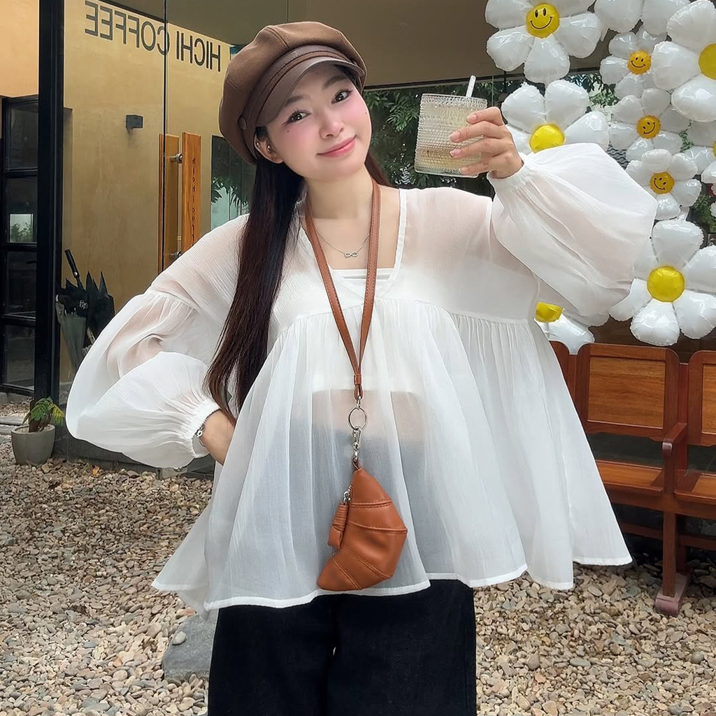 Áo Nữ Dáng Babydoll Kiểu Tay Bồng Cổ V  Phong Cách Tiểu Thư Sang Chảnh A51313