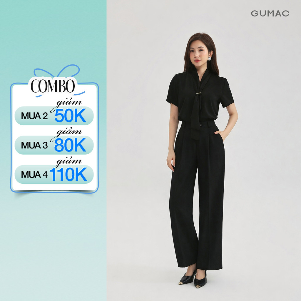 Quần Ống Rộng Nữ 98cm GUMAC Quần Tây Công Sở Lưng Cao Chiết Ly Vải Chéo Thái Cạp Cao Tôn Dáng LQF0906