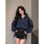 Áo Khoác Hoodie Nỉ Form Rộng Croptop Khóa Kéo 3 Sọc Tay Phối Màu Nữ Cá Tính