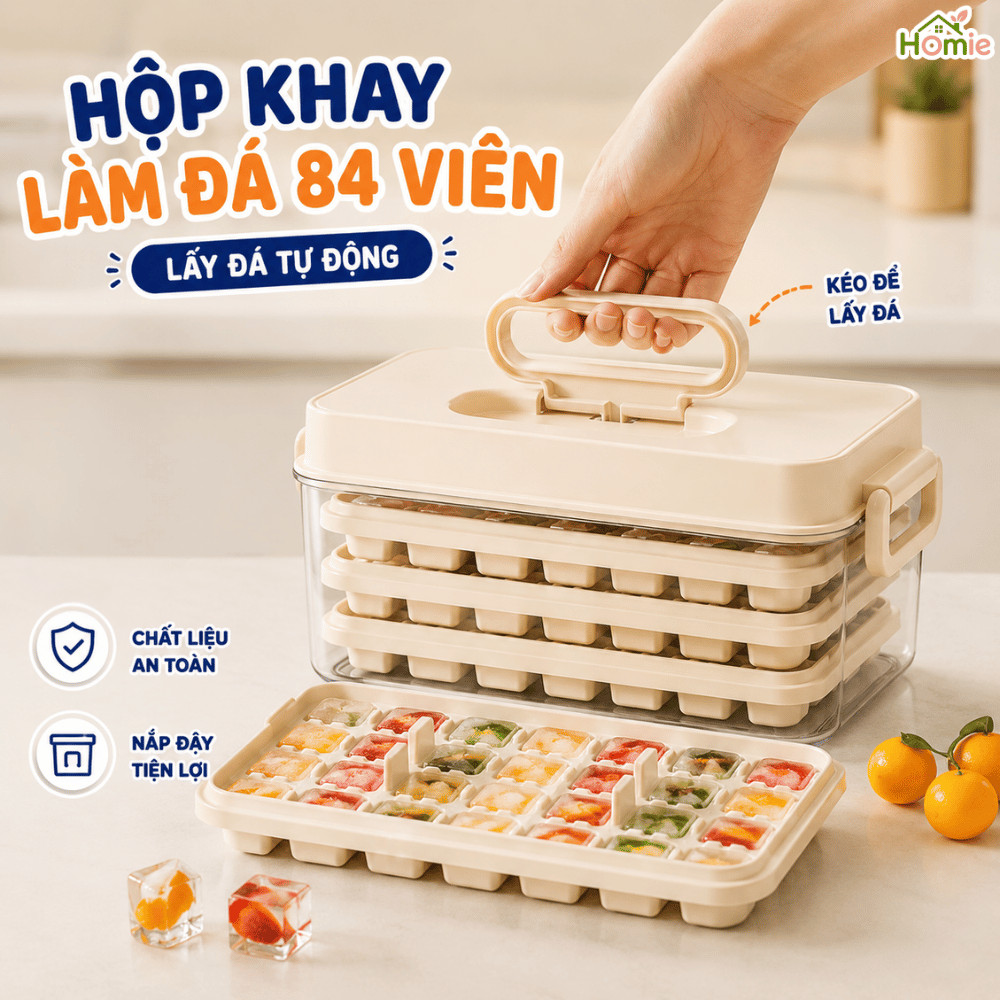 Hộp Khay Làm Đá 3 Lớp 84 Viên Lấy Đá Tự Động HOMIE, Khay Đá Có Nắp Kèm Hộp Tiện Lợi, Lấy Đá Nhanh Chóng