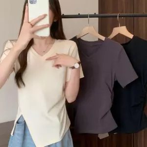 Áo thun ngắn tay cổ chữ V chính hãng phong cách Hàn Quốc mùa hè Hot Girl Split Chic Design Slimer Look Thời trang phù hợp cho nữ