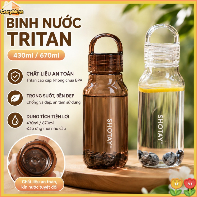 Bình Nước Tritan 430ml & 670ml - Chịu Nhiệt -20~99°C, Không BPA, Chống Rò Rỉ - Tặng Dụng Cụ Vệ Sinh