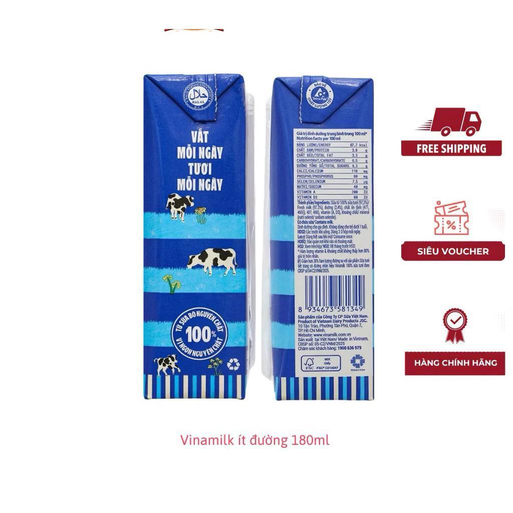 Thùng 48 hộp sữa tiệt trùng VINAMILK 100% Sữa Tươi ÍT ĐƯỜNG 180ml