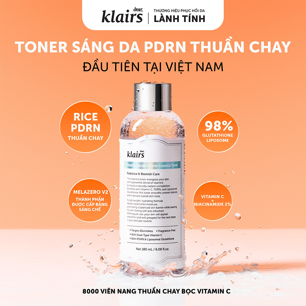 Nước hoa hồng Dear, Klairs Freshly Juiced Vitamin Essence Toner hỗ trợ làm sáng da 180ml [FS]