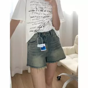 Quần short Denim cổ điển Mỹ dành cho nữ High Street Mùa hè Phong cách mới Hot Girl Frayed Niche Slimer Look Small a-Line Hot Pants