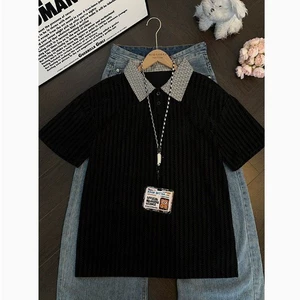 Mỹ cleanfit Crow 's Bone Họa Tiết Áo Sơ Mi Polo Tay Ngắn Nam Thiết Kế Mùa Hè Kiểm Tra Ve Áo Áo Thun Nặng Nửa Tay JUSZ