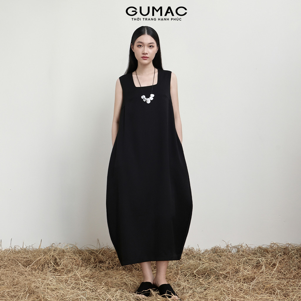 Đầm Dáng Suông ALEEVA - GUMAC Kiểu Phồng Chuông Cổ U Không Tay Chất Vân Chiếu Nhẹ Rũ 2 Lớp Có Túi EDG01061