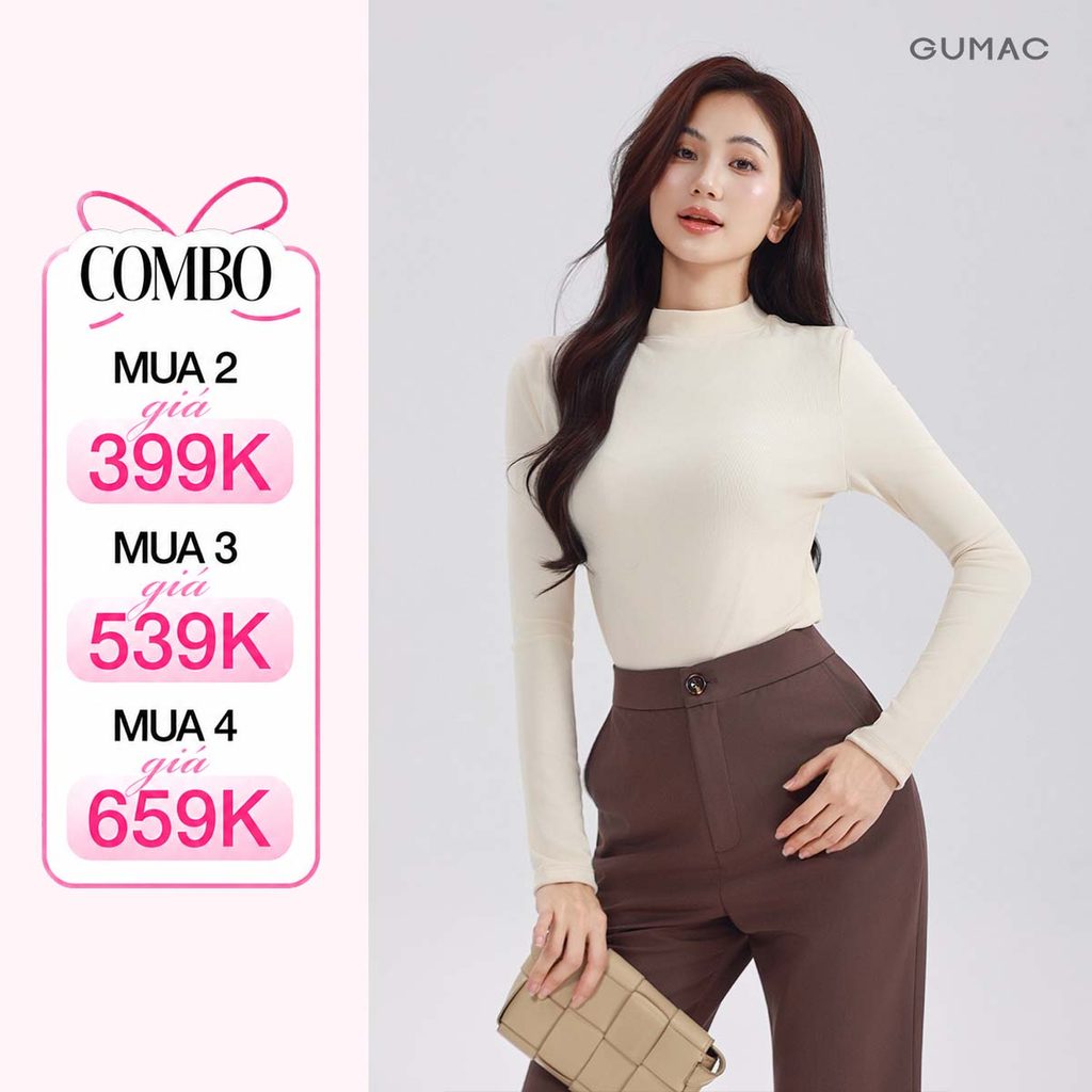 Áo Thun Nữ Tay Dài GUMAC Form Ôm Cổ Cao Chất Vải Mềm Mịn Co Giãn Tôn Dáng LATE0927