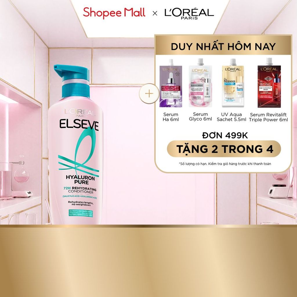 Dầu xả nhẹ bồng mái tóc 72H Elseve HA Pure cho da đầu dầu hoặc Moist cho da đầu khô 375ML