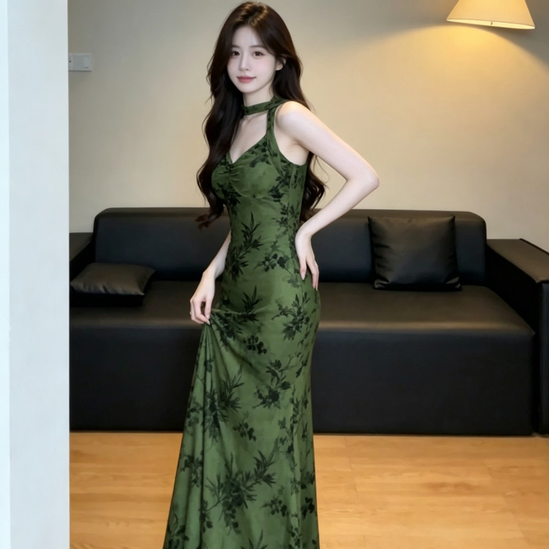 Phong Cách Mới Mùa Hè Chị Em Cao Quý Mới Phong Cách Trung Hoa Phù Hợp Với Váy Cao Cấp Phong Cách Trung Hoa In Màu Xanh Lá Cây Sling Đầm