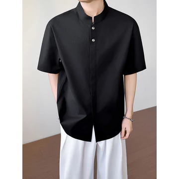 Cổ Đứng Cổ Áo Sơ Mi Nửa Tay Áo Sơ Mi Nam Chui Đầu Rời Phù Hợp Với Tay Ngắn Top Thoáng Khí Xù Đẹp Trai Nửa Tay Áo Sơ Mi Mỏng