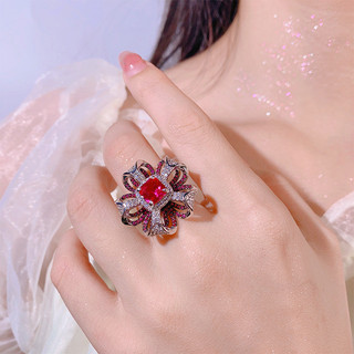 Ruby Ba Chiều Cánh Hoa Nhẫn Full Kim Cương Sapphire Zircon Nhẫn Retro Mô Phỏng Nhiều Màu Sắc Đá Quý Nhẫn