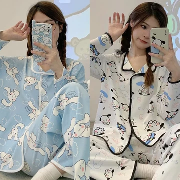 bộ đồ ngủ nữ dài tay set thu đông nữ Đồ ngủ dài tay 100% nữ mùa xuân thu đông 100% cotton nữ cardigan nữ hoạt hình mặc ngoài học sinh bộ đồ mặc ở nhà mẫu hè