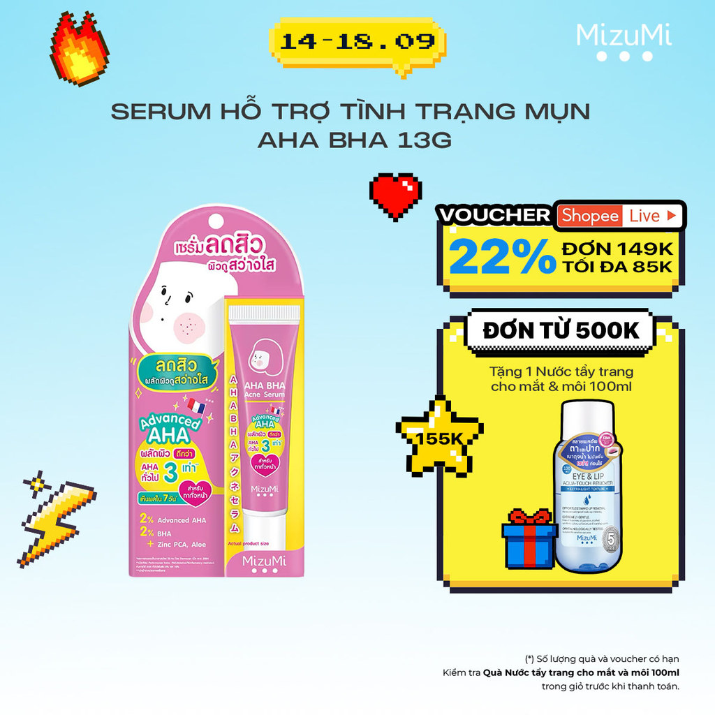 MizuMi Serum Giảm Mụn Và Tẩy Da Chết Nhẹ Nhàng AHA BHA Acne Serum 13g Làm Sạch Lỗ Chân Lông, AHA BHA 2%
