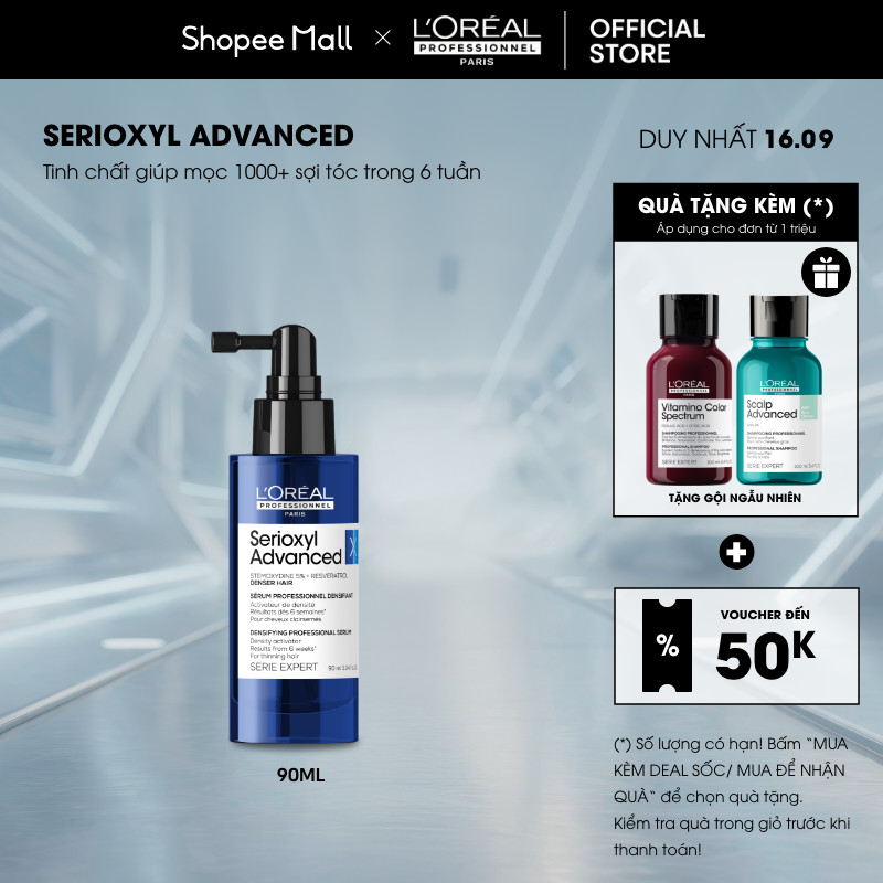 Tinh chất xịt tăng mật độ làm dày tóc chuyên nghiệp L'Oréal Professionnel Serioxyl Advanced 90ml - Dành cho tóc thưa
