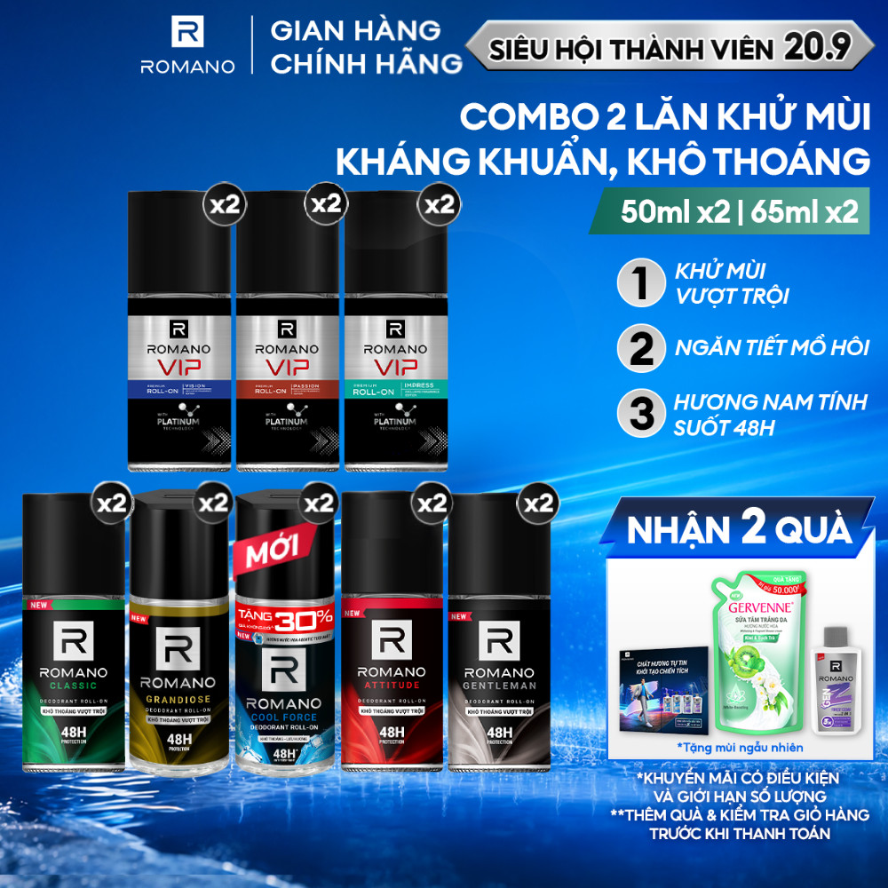 [SVIP] Combo 2 Lăn khử mùi Romano Khử mùi vượt trội, Hương nam tính suốt 48H 50ml / 65ml