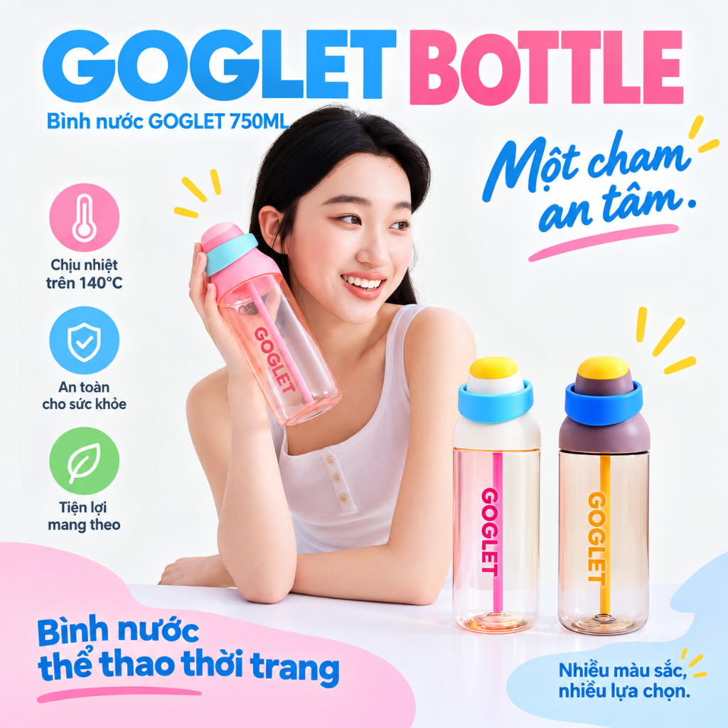 Bình GOGLET Nước Nhựa Thể Thao 4 Màu, Thiết Kế Gọn Nhẹ Tiện Mang Đi Học, Đi Làm, Tập Gym, Giá Rẻ