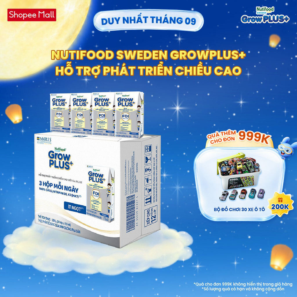 Thùng 24 hộp Sữa Bột Pha Sẵn Nutifood Sweden GrowPLUS+ Cao lớn vượt trội Height hộp 110 ml