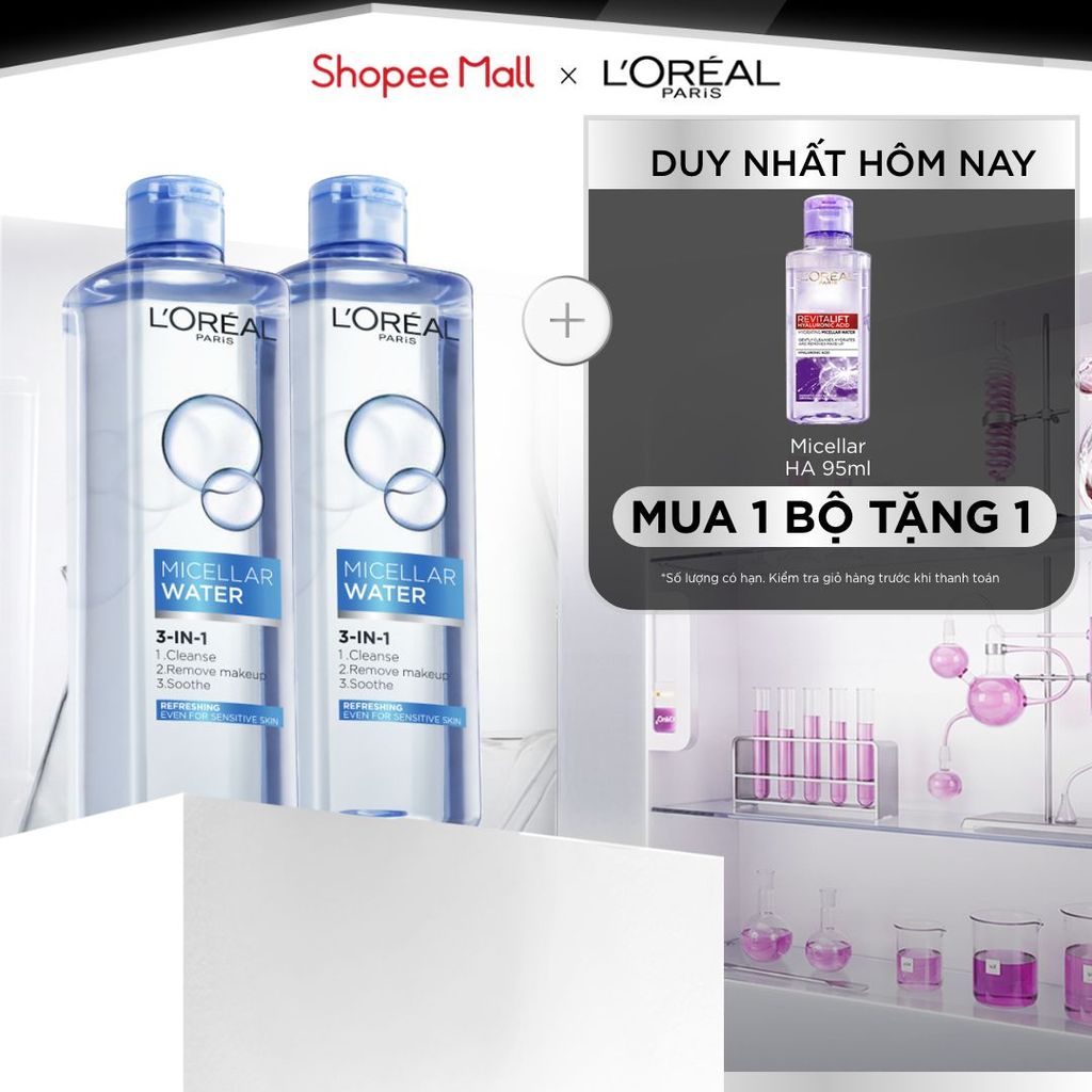 Bộ 2 nước tẩy trang đa năng 3in1 tươi mát L'Oreal Paris (xanh dương nhạt) 400ml