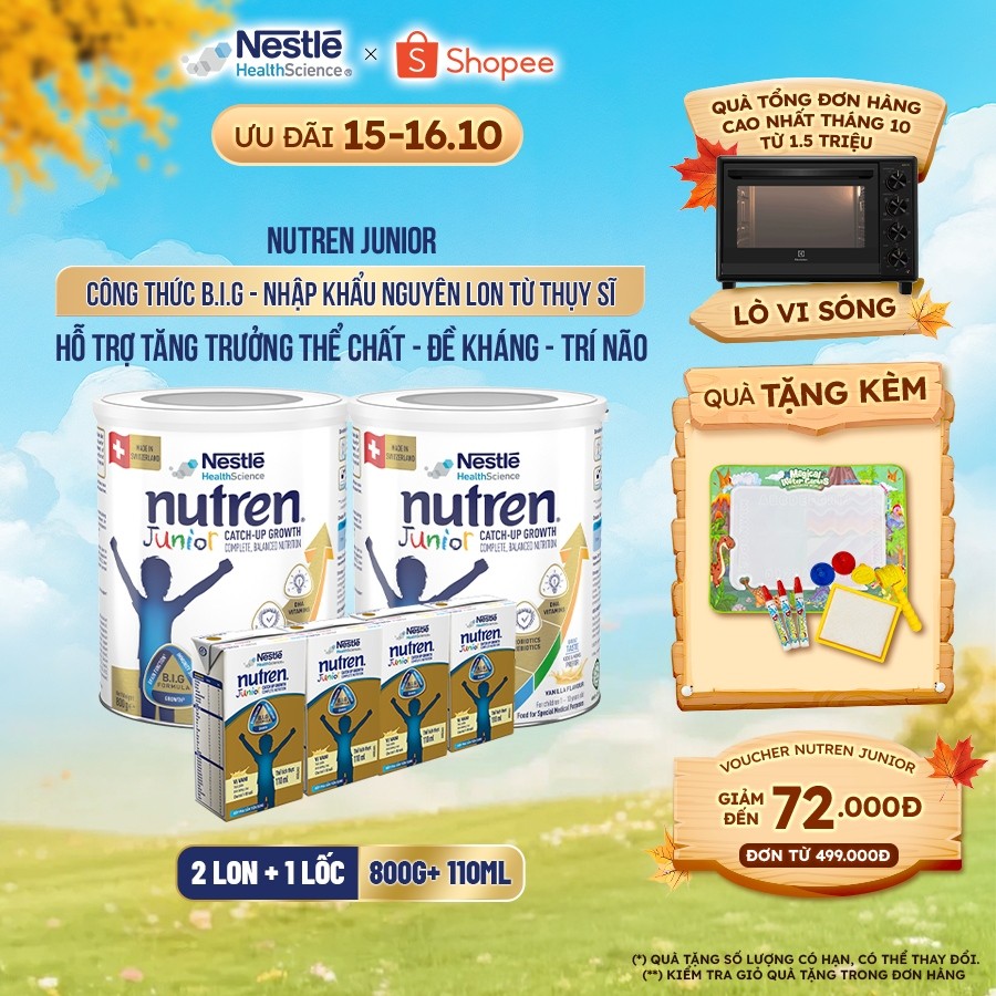 Bộ 2 Sữa Bột NESTLÉ NUTREN JUNIOR Thụy Sĩ Với Công Thức BIG Hỗ Trợ Tăng Trưởng Cho Bé 800G+Lốc 4 hộp sữa pha sẵn 110ML