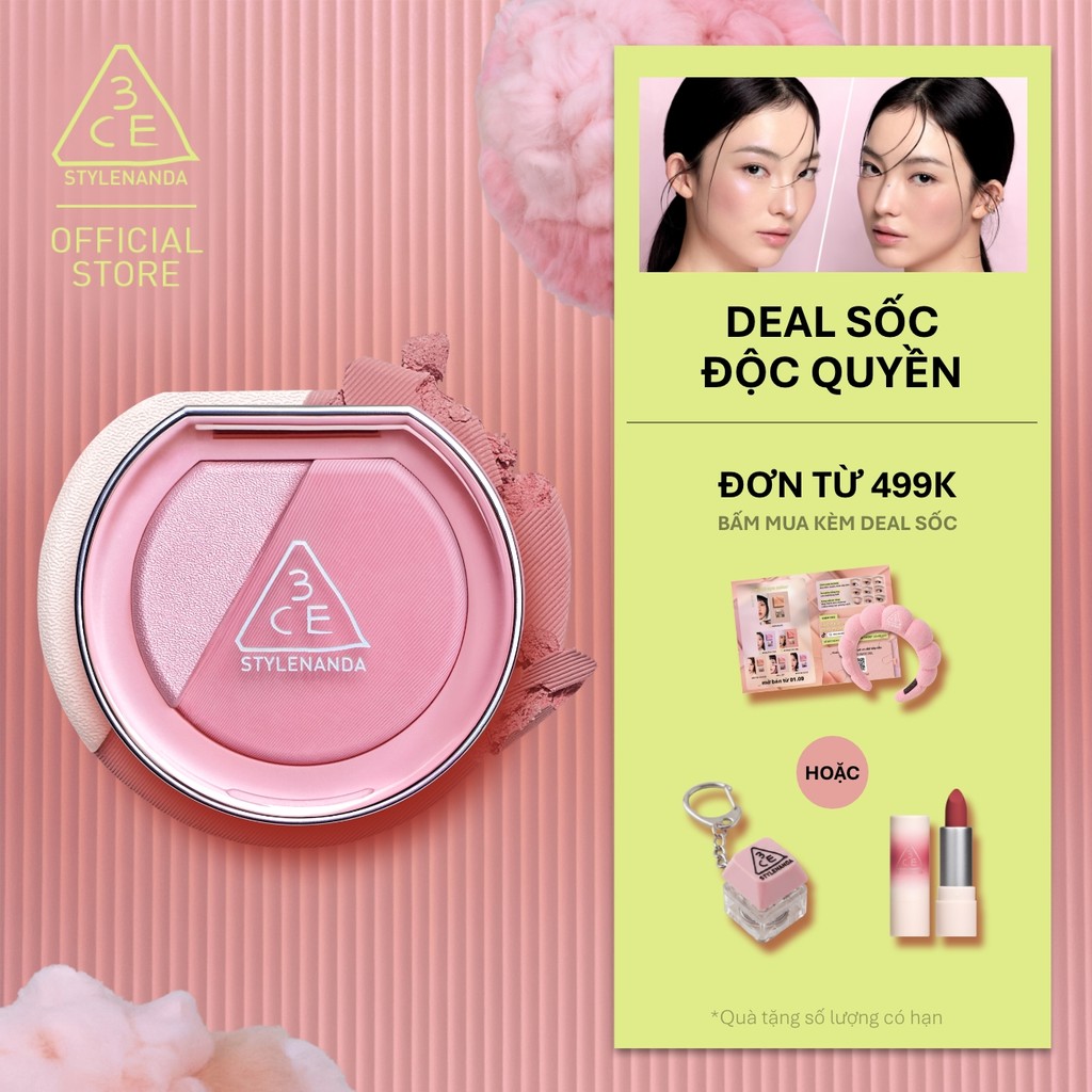 Phấn Má Hồng Bắt Sáng 3CE Blushlighter 2-Trong-1 Đa Năng, Dễ Tán, Tệp Da, Lâu Trôi, Rạng Rỡ Suốt Ngày Dài