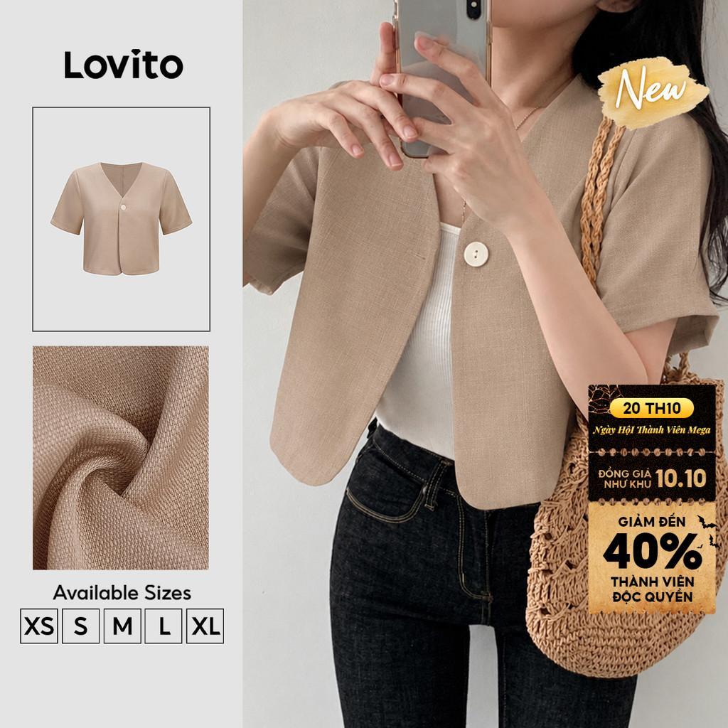 (New Arrival) Lovito Áo Blazer Khaki Tay Ngắn Cổ V Chữ Có Cúc Phong Cách Thường Ngày Mùa Xuân Mùa Hè Cuối Tuần Cho Nữ BZB206TD321