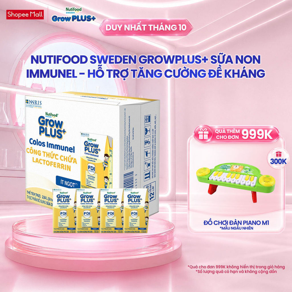 Thùng 24 hộp Sữa Bột Pha Sẵn Nutifood Sweden GrowPLUS+ Sữa Non Immunel (24 hộp x 110 ml) (Bao bì tuỳ lô hàng)