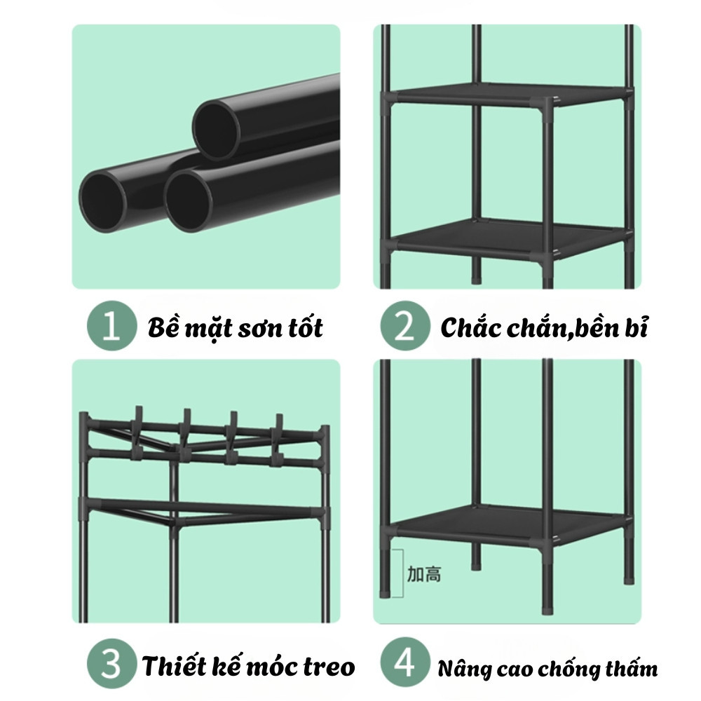 Kệ Treo Quần Áo Đa Năng Có Bánh Xe DINO, Kệ Sắt Treo Quần Áo Kèm Kệ Để Giày Dép, Túi Xách Tiện Lợi