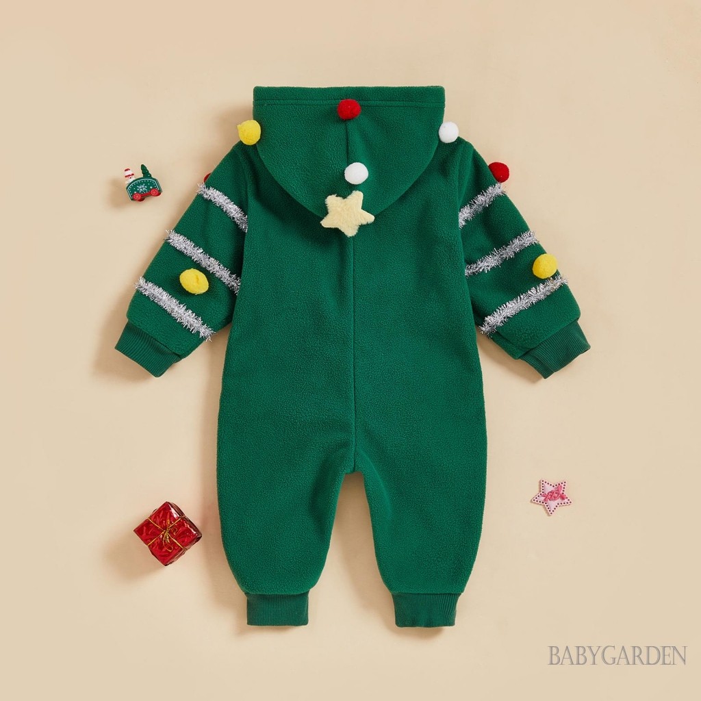 Quần áo liền thân hình cây thông Noel cho bé 0-5 tuổi, bóng lông màu sắc, tay dài, khóa kéo, có mũ, quần áo mùa đông thu dễ thương