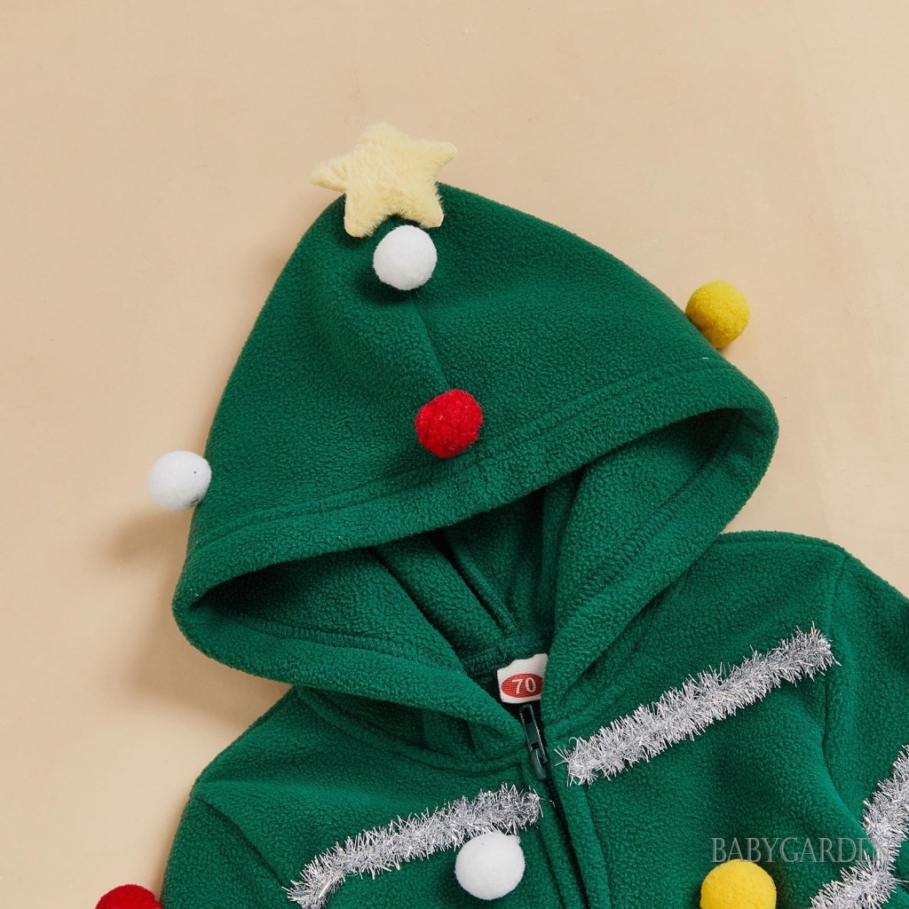 Quần áo liền thân hình cây thông Noel cho bé 0-5 tuổi, bóng lông màu sắc, tay dài, khóa kéo, có mũ, quần áo mùa đông thu dễ thương