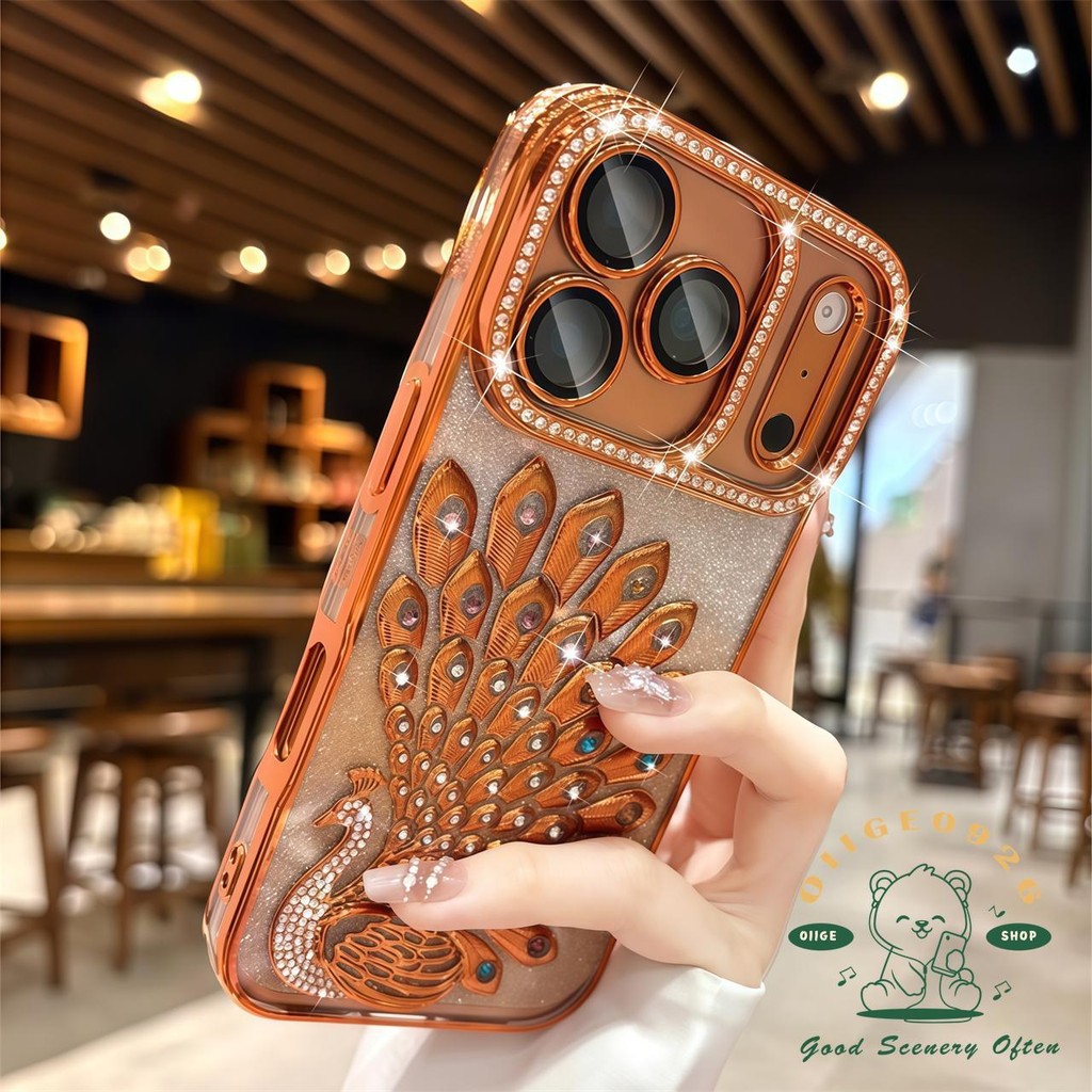 【 Ốp lưng iPhone17 】 Vỏ điện thoại hình con công kim cương mạ màu cam iphone17 Pro Max 16 15 14 13 cho vỏ iPhone Vỏ mềm silicon TPU chống sốc