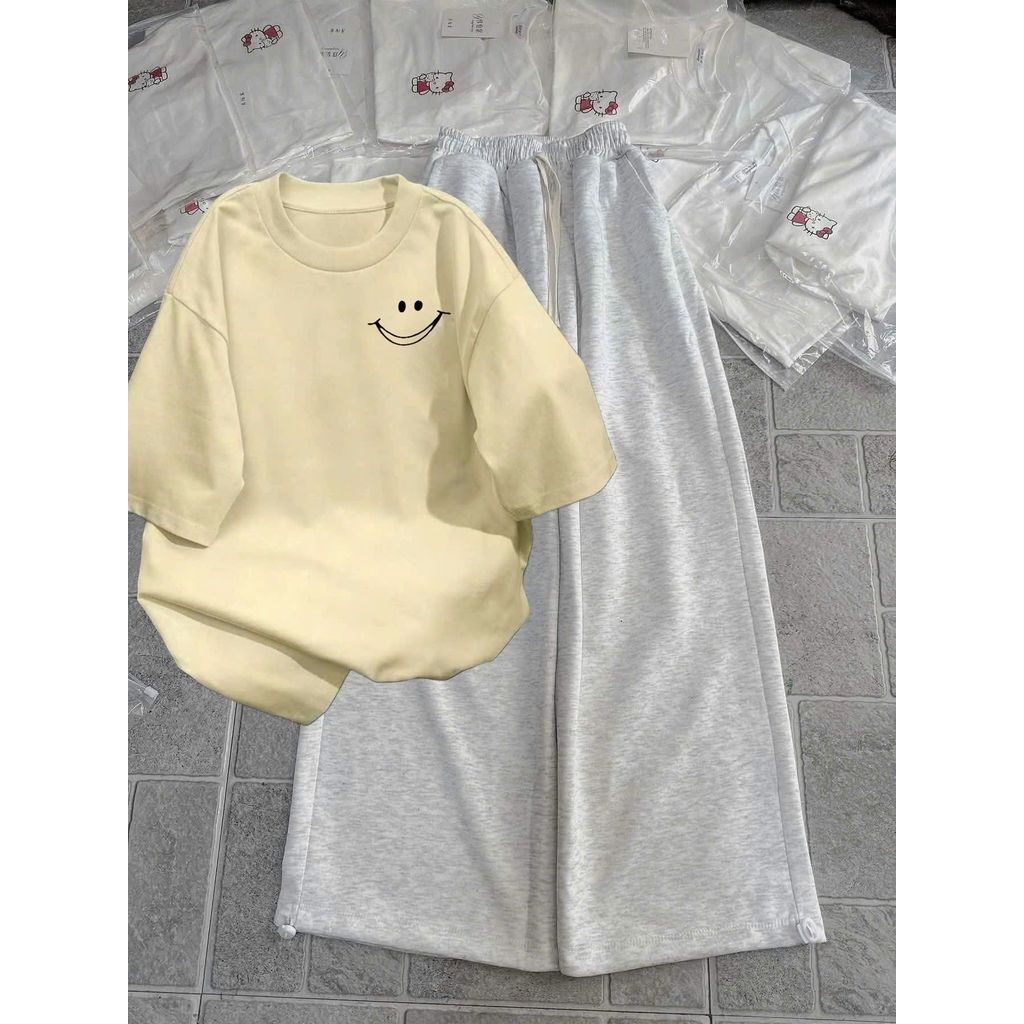 Tổng hợp quần  ống rộng chất da cá xám + mix áo phông form rộng tay lỡ unisex -ÁO MẶT CƯỜI NGGỰC